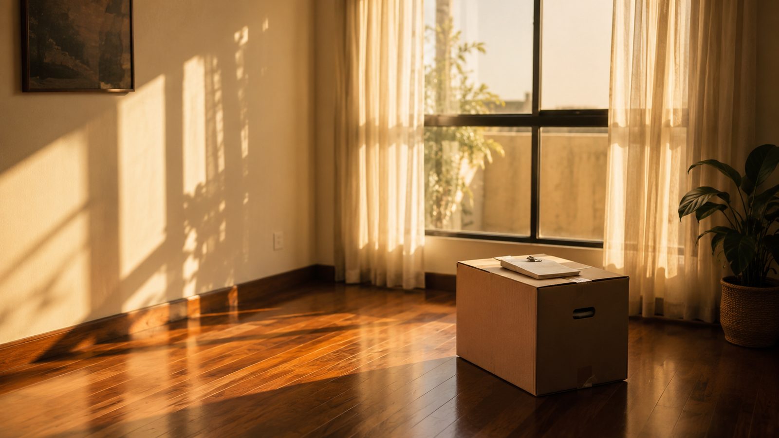 Empty sunlit apartment with a single moving box by the window